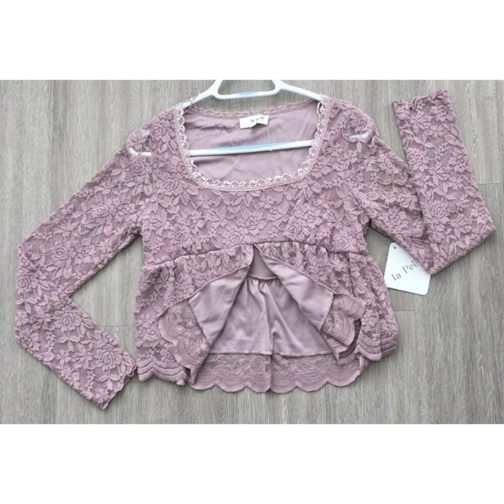 La Peche Mauve Lace Boho Top M Long Sleeve Floral Bridal Babydoll Cotton Blend - Picture 4 of 10